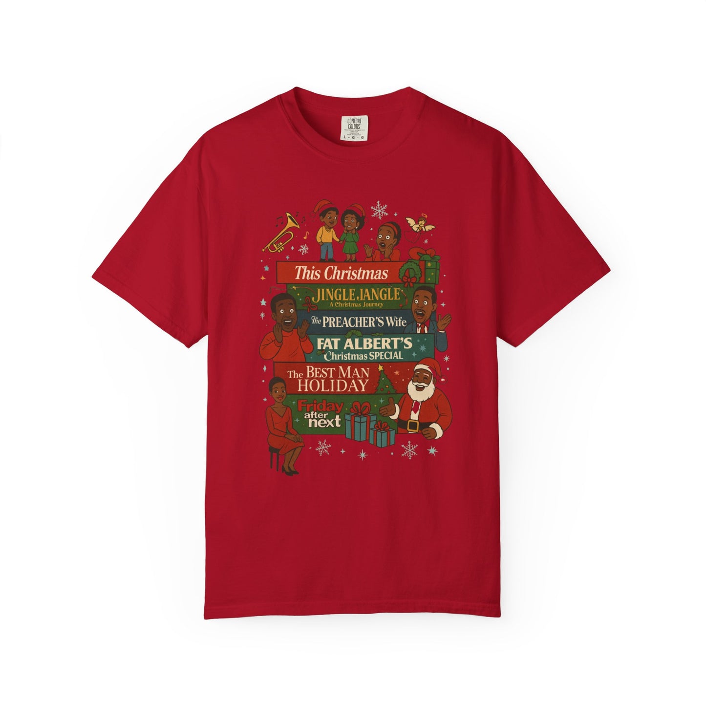 A red short-sleeve crewneck t-shirt with a colorful Christmas-themed graphic print on the front, featuring text and illustrations of people and Santa Claus, displayed against a plain white background.