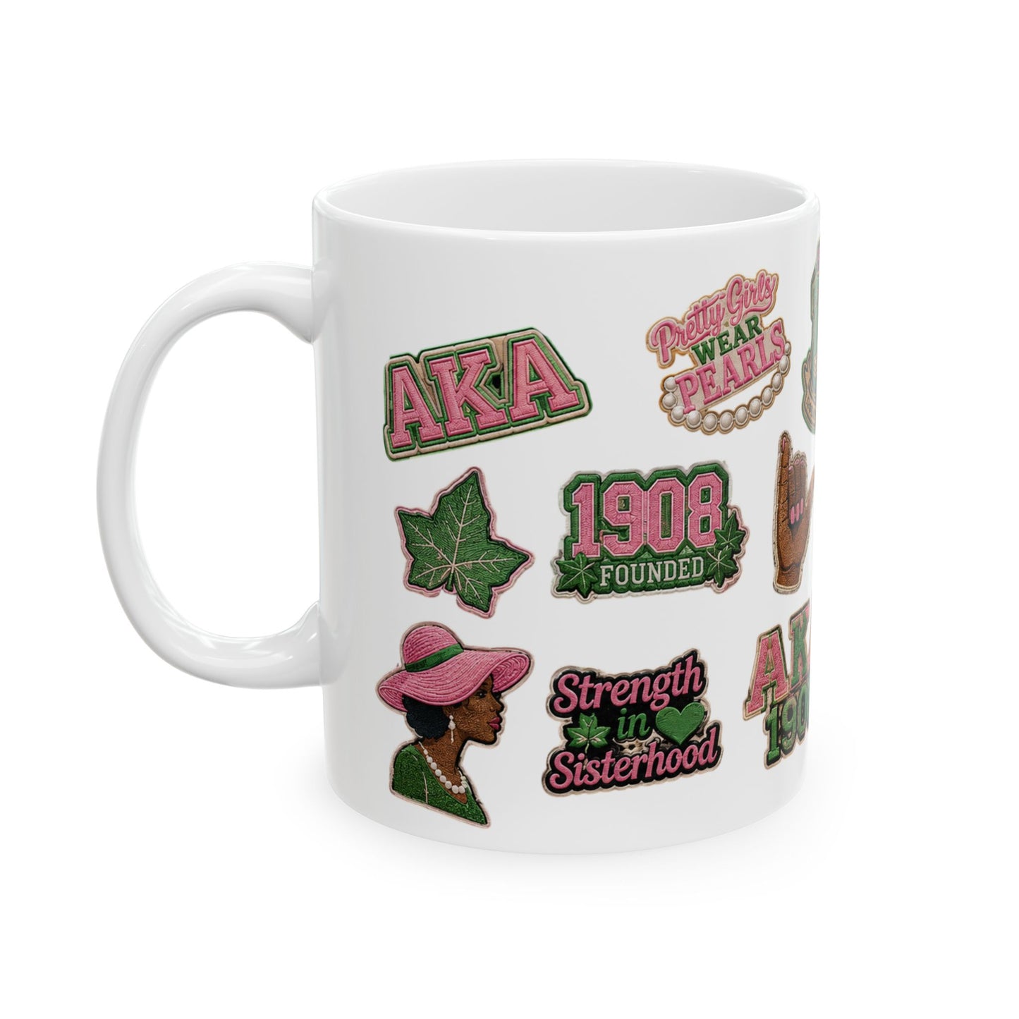 A white ceramic mug decorated with various colorful AKA (Alpha Kappa Alpha) themed patches and graphics, including 'AKA', '1908 Founded', 'Strength in Sisterhood', and 'Palm Trees Wear Pearls'.