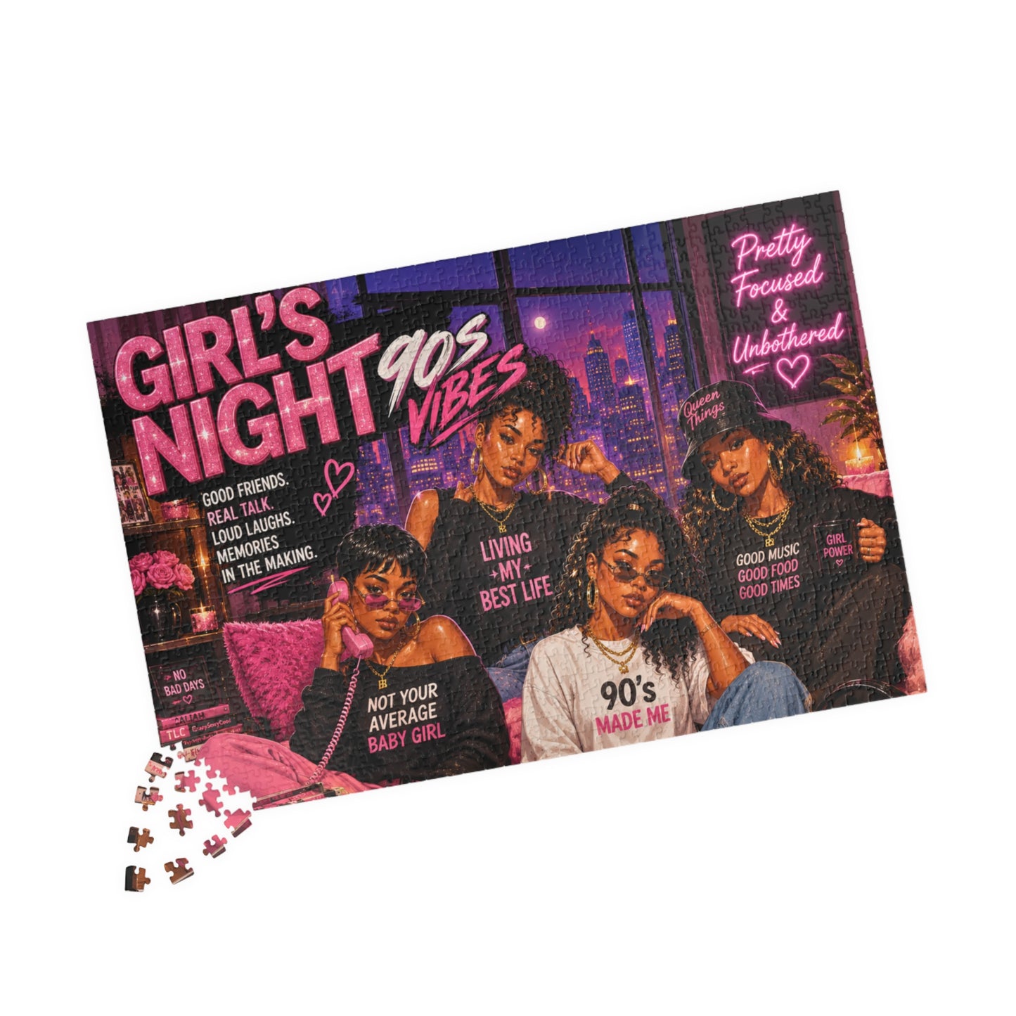 Girls Night 90s Vibes Jigsaw Puzzle – Retro Cityscapes, Friendship Quotes Puzzle (520/1014 pcs)