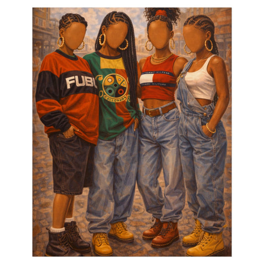 A stylized painting of four women standing together, shown against a white background. The artwork features bold colors and a textured, painterly style, with the women wearing various casual outfits including denim overalls, t-shirts, and boots.