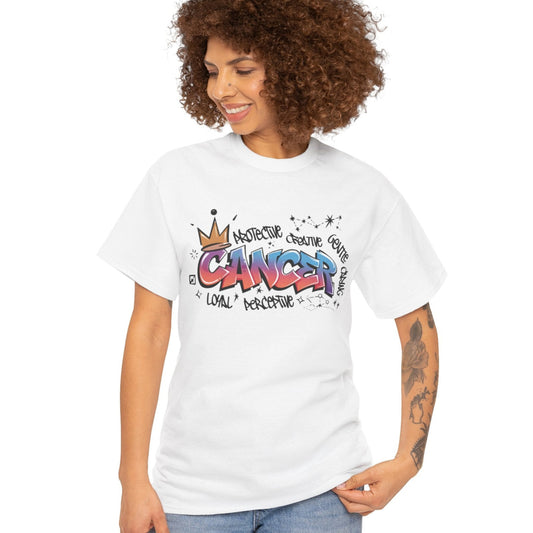 Woman wearing a white t-shirt with colorful graphics and text on a white background