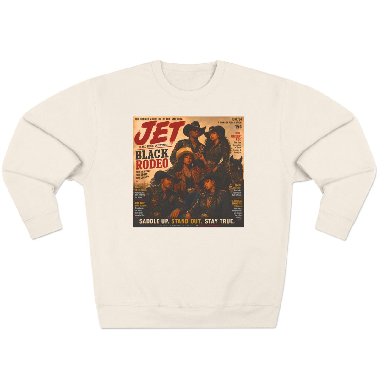 An off-white crewneck sweatshirt featuring a vintage-style graphic print of a 'Jet Black Rodeo' magazine cover with cowboys, displayed on a clean white background.
