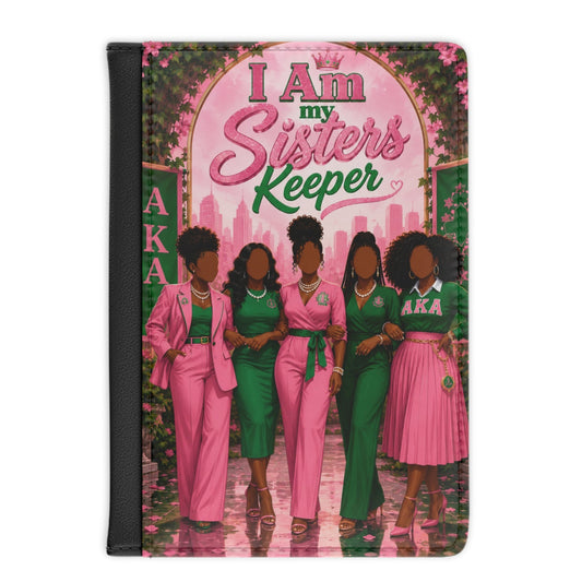 A passport cover with a colorful printed cover featuring five women in pink and green outfits under a pink archway with the text 'I Am my Sister's Keeper' and 'AKA'.