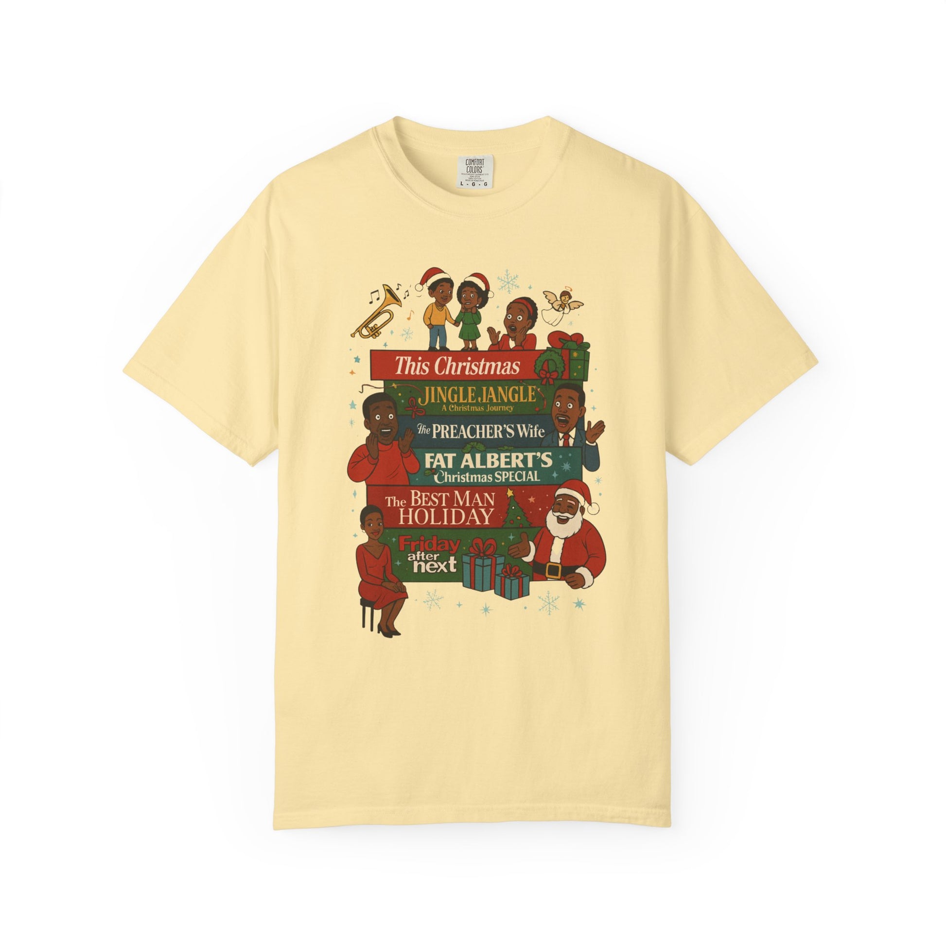 A pale yellow short-sleeve t-shirt with a colorful retro Christmas graphic on the front, featuring text like 'This Christmas Jingle Ange' and illustrations of children and Santa, displayed on a clean white background.