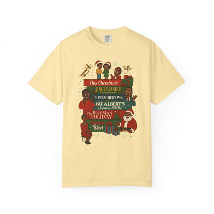 A pale yellow short-sleeve t-shirt with a colorful retro Christmas graphic on the front, featuring text like 'This Christmas Jingle Ange' and illustrations of children and Santa, displayed on a clean white background.