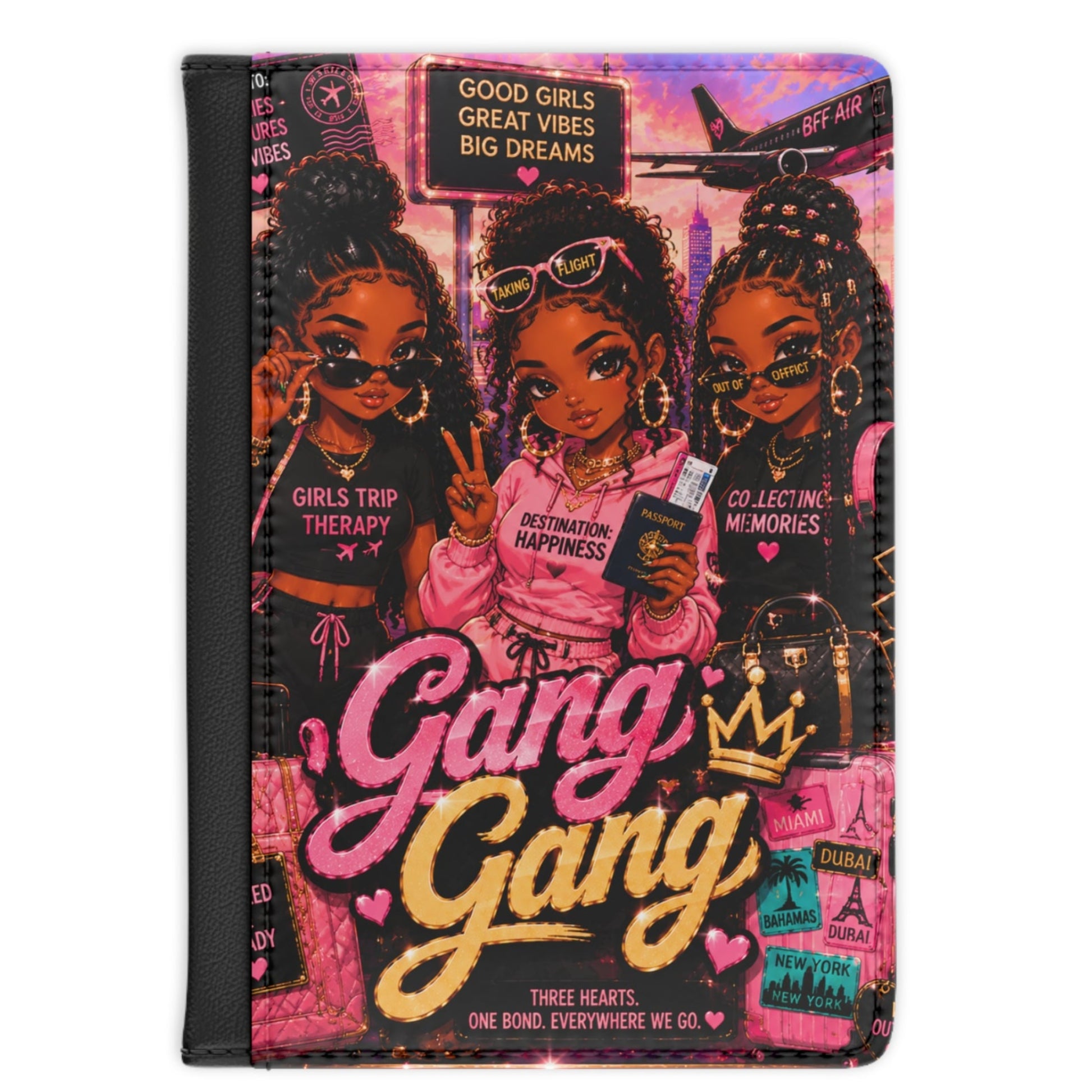 A slim passport cover featuring a colorful graphic design with three illustrated girls, the words 'Gang Gang', and motivational text, shown on a plain white background.