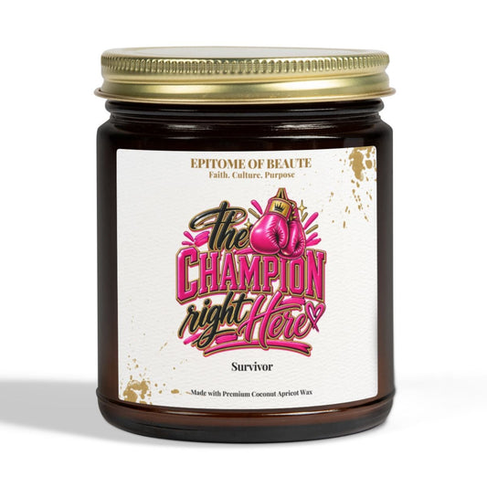 A dark amber glass jar candle with a gold metal lid and a white label featuring pink and black text that reads 'The Champion right Here' with 'Survivor' below, photographed on a clean white background.