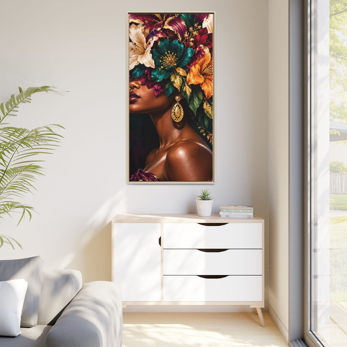 Floral Goddess Canvas | Framed Jewel-Tone Portrait Art, Framed (Multi-color)