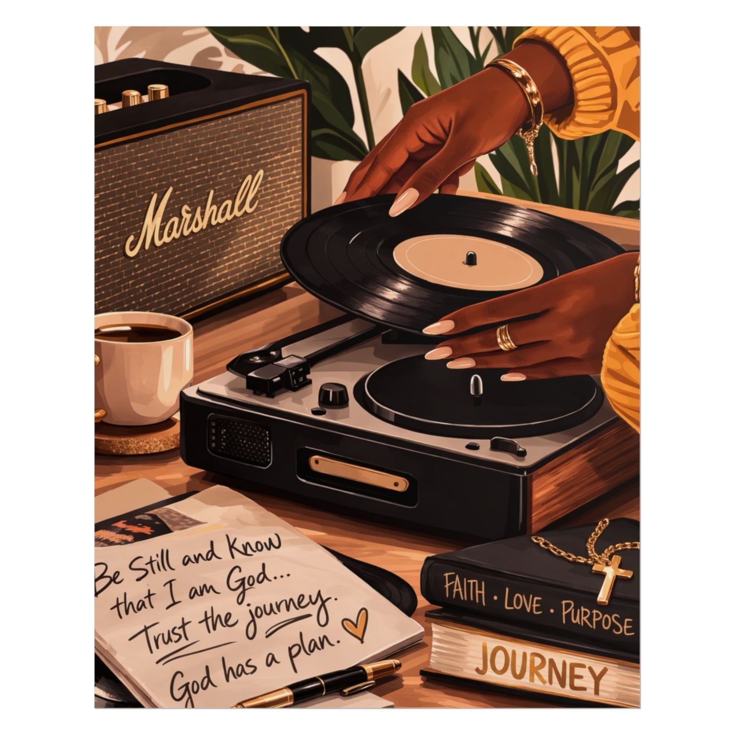 A warm-toned illustrated scene showing a person's hands placing a vinyl record on a turntable beside a Marshall speaker, coffee cup, notebook with a handwritten quote, and a book titled 'Journey'.