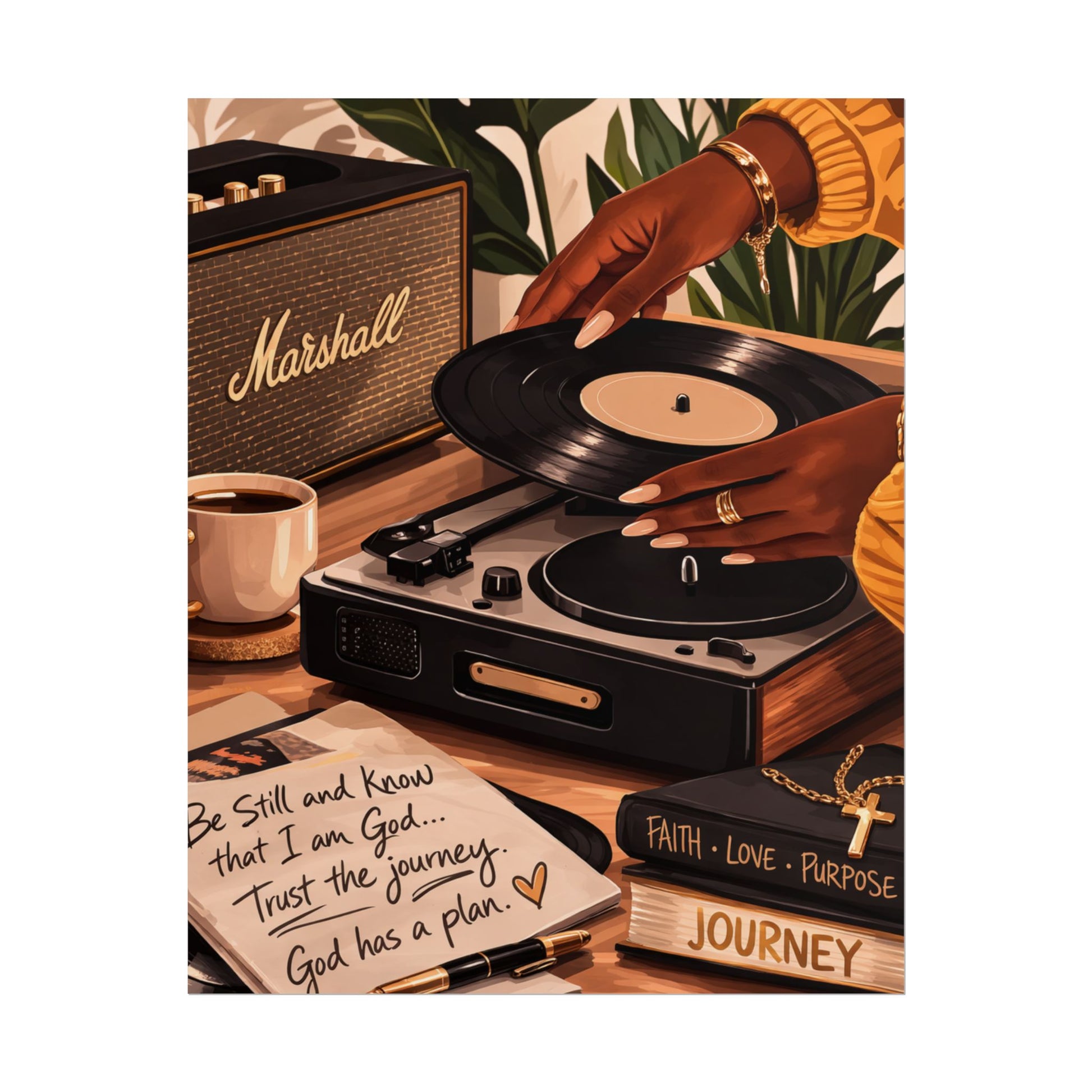 A warm-toned illustrated scene showing a person's hands placing a vinyl record on a turntable beside a Marshall speaker, coffee cup, notebook with a handwritten quote, and a book titled 'Journey'.