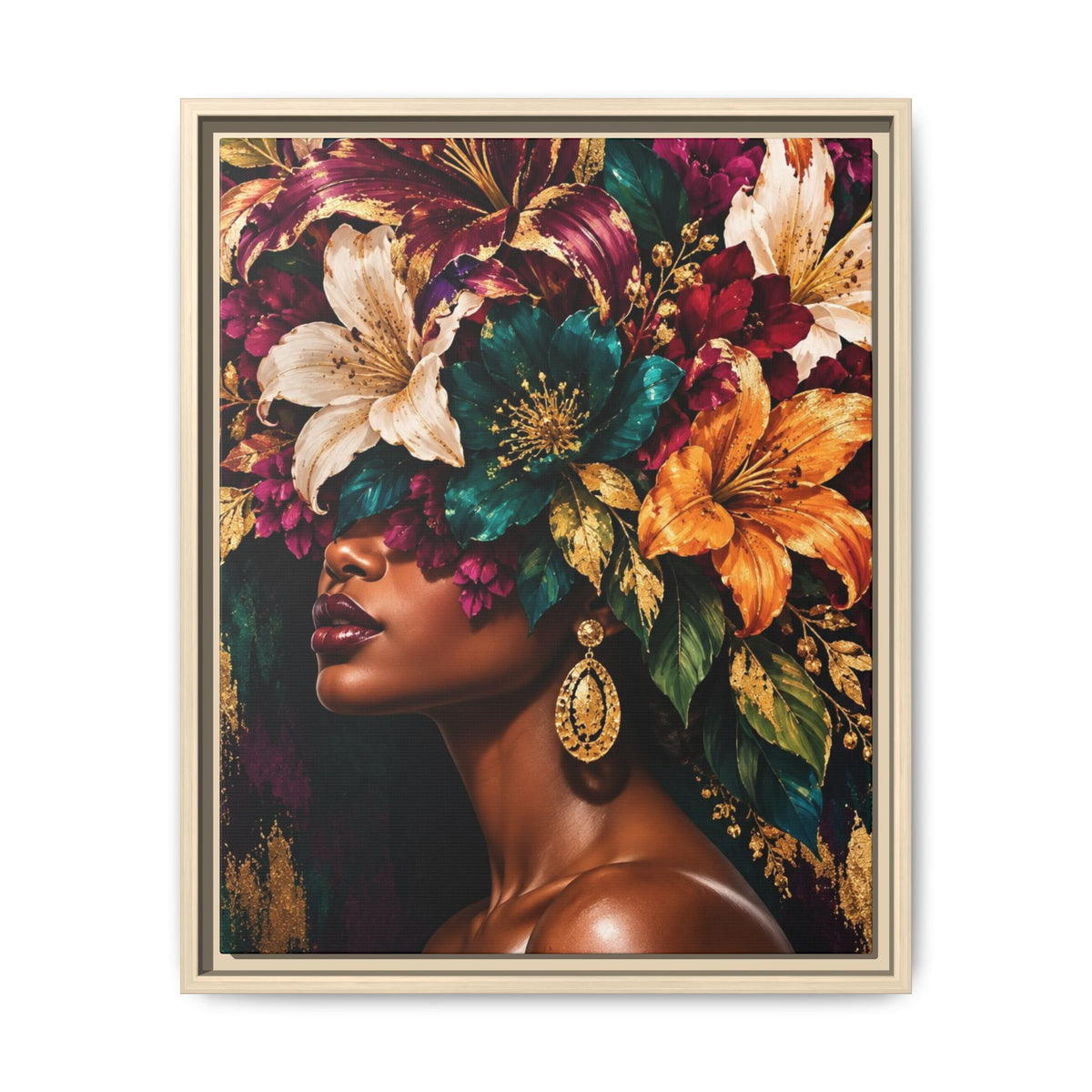 Floral Goddess Canvas | Framed Jewel-Tone Portrait Art, Framed (Multi-color)