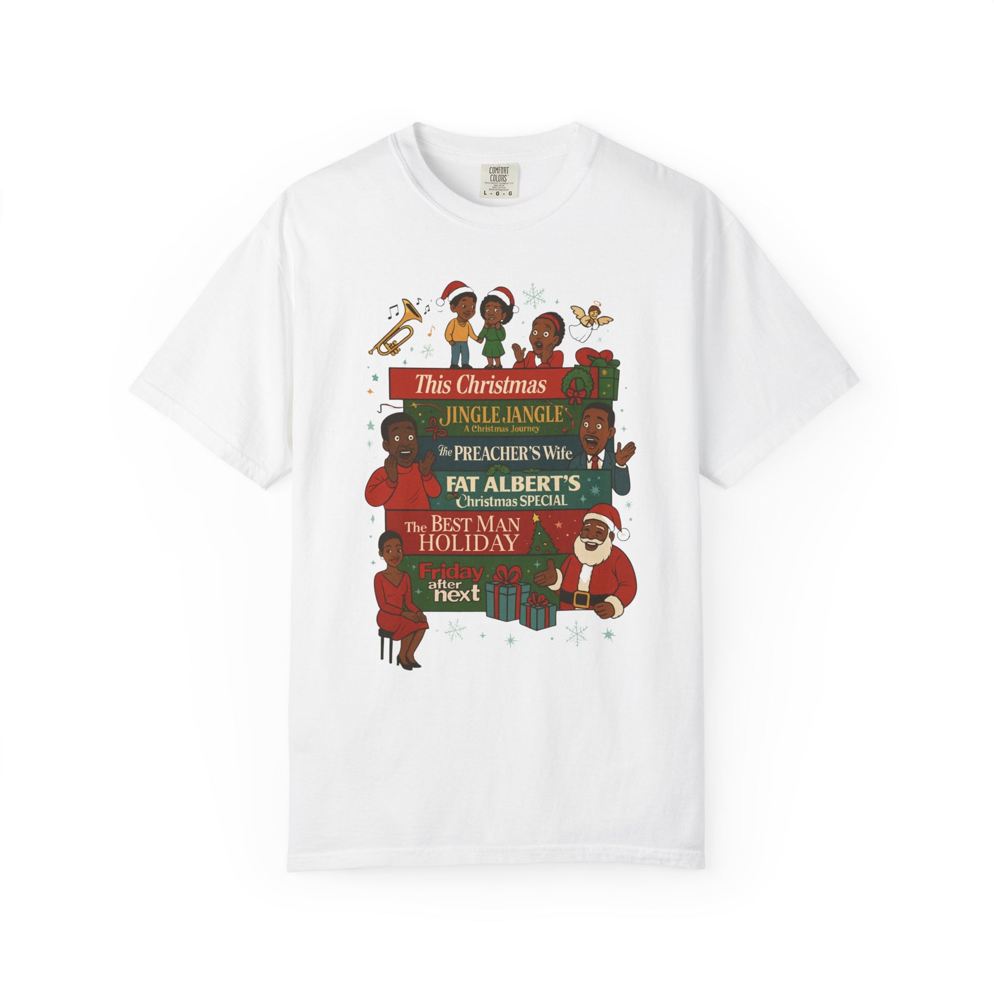A white short-sleeve crewneck t-shirt featuring a colorful graphic print on the front with Christmas-themed illustrations and text.