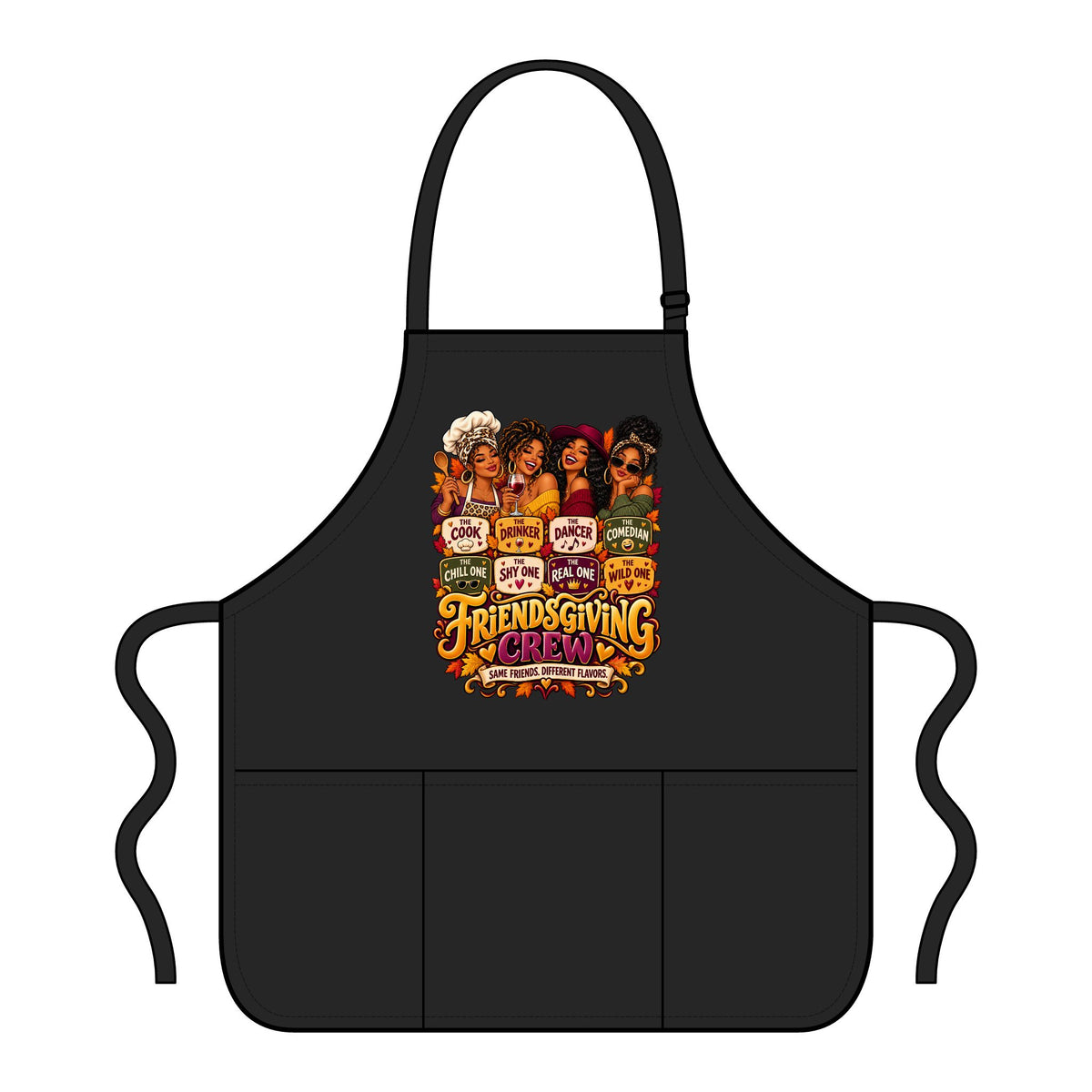 A black bib apron with three front pockets and neck strap, featuring a colorful 'Friends Giving Crew' graphic print on the chest, shown on a plain white background.