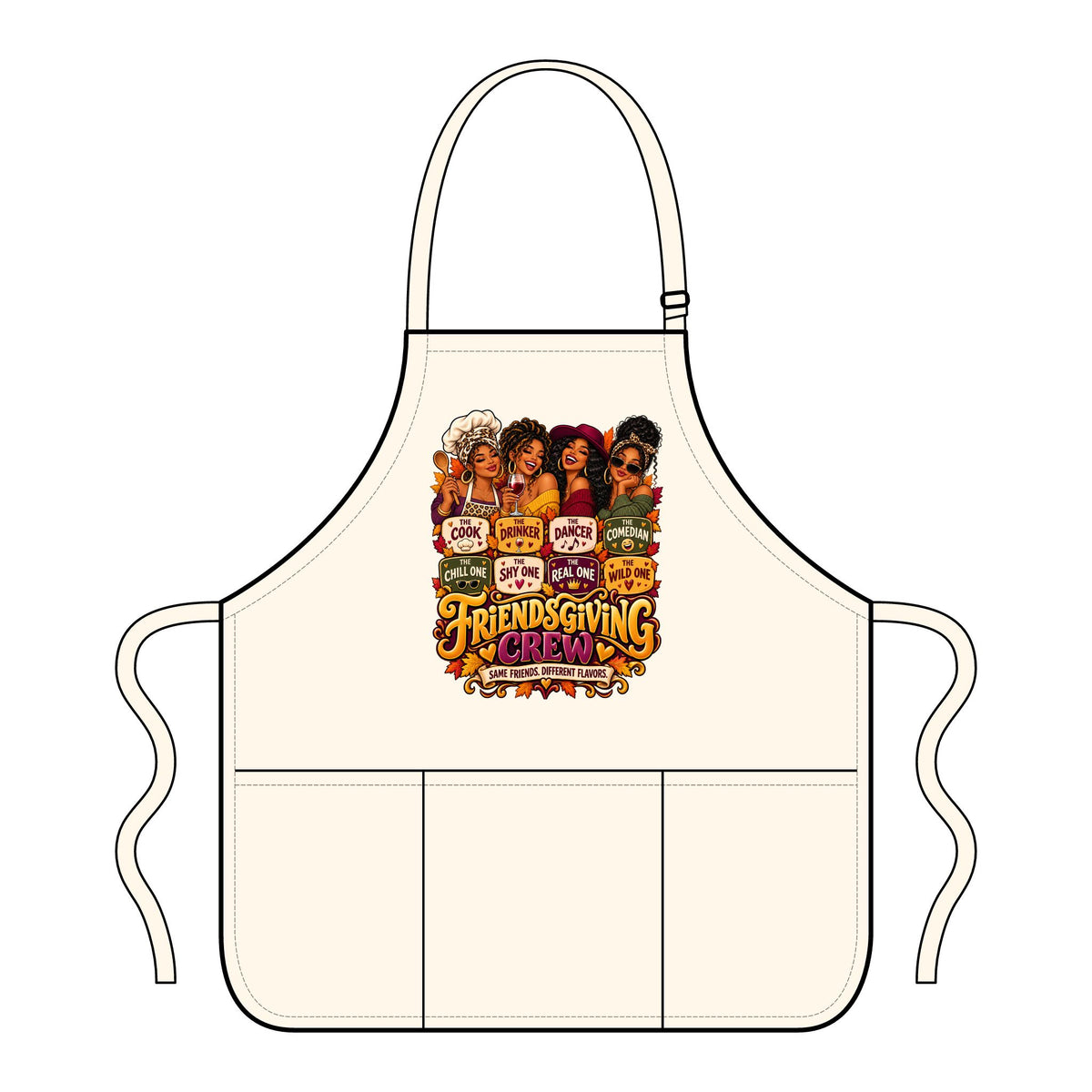 An off-white apron with a neck strap and waist ties, featuring a colorful graphic print of the 'Friends Giving Crew' logo and character illustrations on the chest, shown on a plain white background.