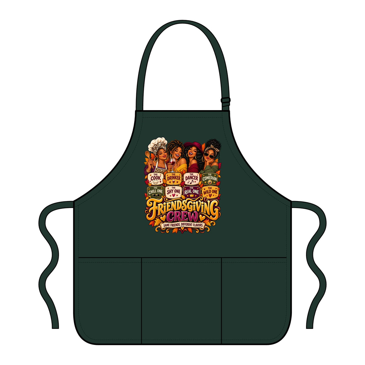 A dark green apron with a colorful graphic print on the chest featuring characters and the text 'Friends Giving Crew' and 'Friends Giving Crew 2025'.