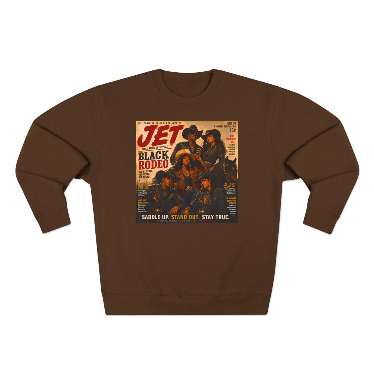 A brown crewneck sweatshirt featuring a vintage-style graphic print of a 'Jet Black Rodeo' poster on the chest, displayed against a solid white background.