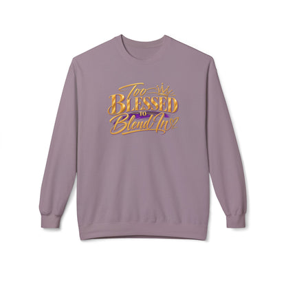 A dusty purple crewneck sweatshirt featuring a stylized graphic on the chest that reads 'Too Bad BLESSED by BlendLife' in gold and purple lettering, displayed against a clean white background.