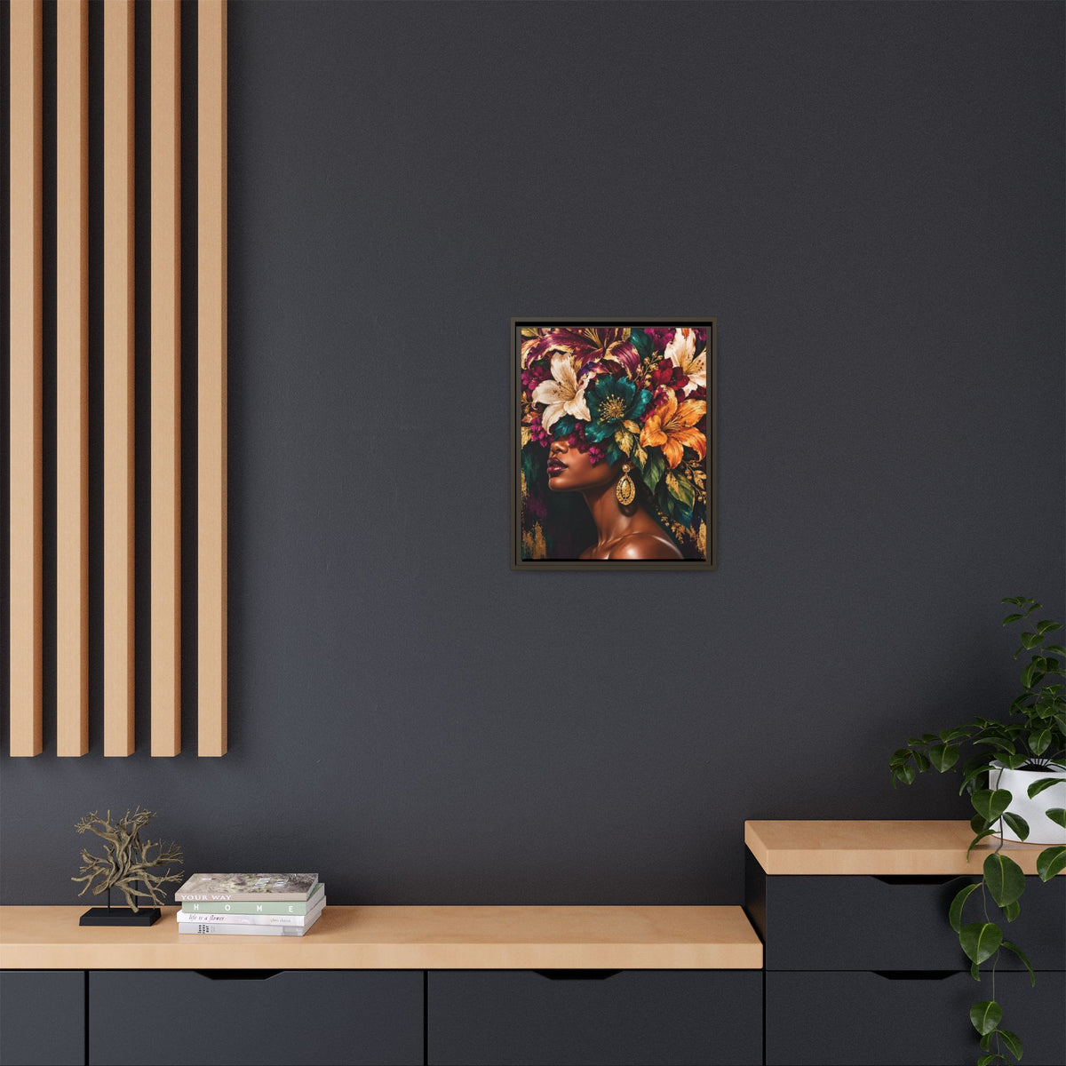 Floral Goddess Canvas | Framed Jewel-Tone Portrait Art, Framed (Multi-color)