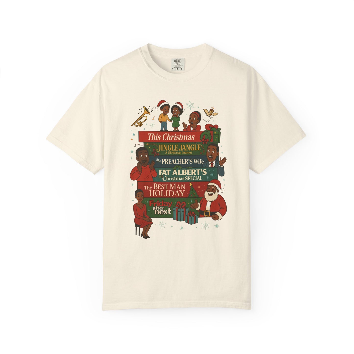 An off-white crewneck t-shirt featuring a colorful retro-style graphic print with Christmas characters and text including 'This Christmas Jingle Ange' and 'Fat Albert's Christmas Special'.