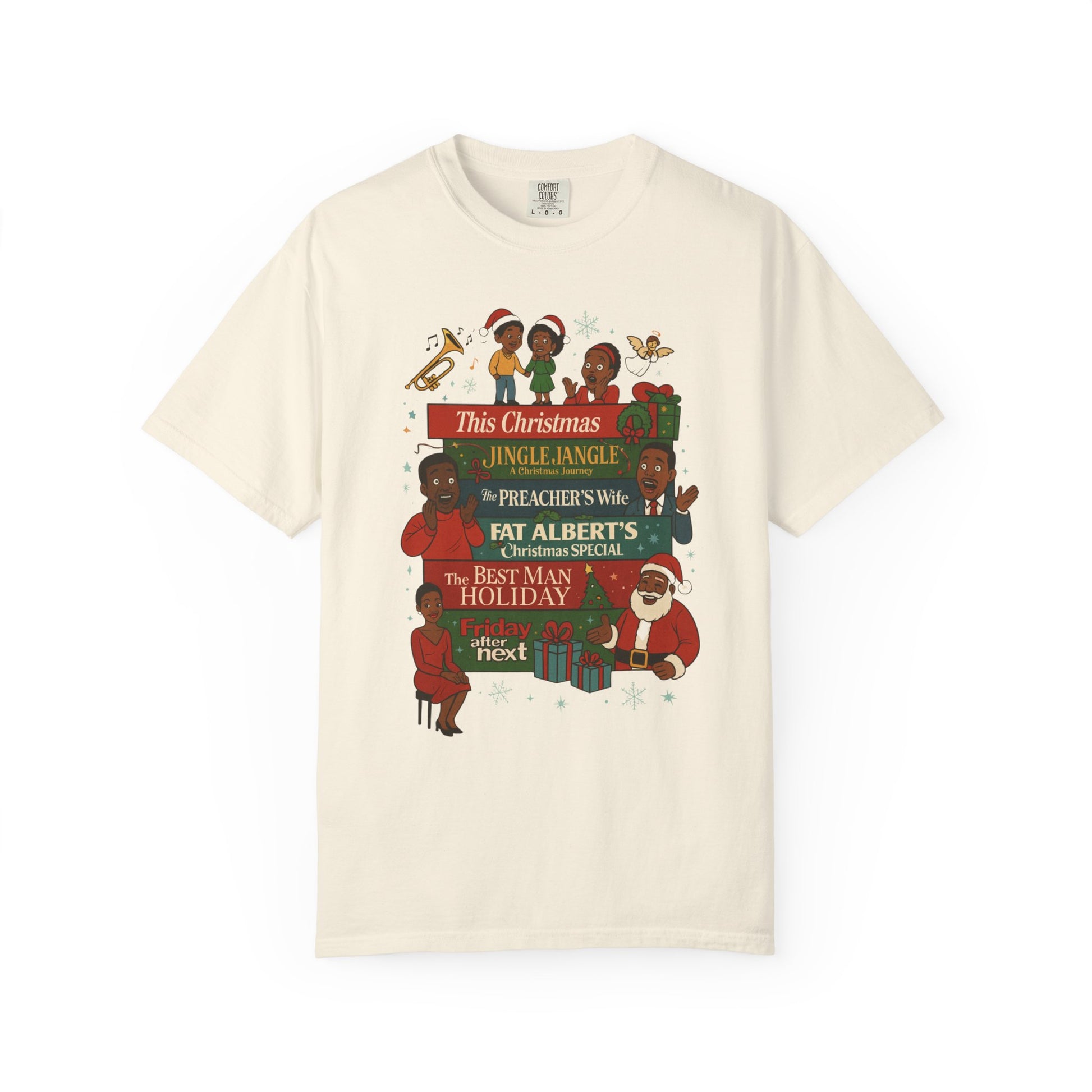 An off-white crewneck t-shirt featuring a colorful retro-style graphic print with Christmas characters and text including 'This Christmas Jingle Ange' and 'Fat Albert's Christmas Special'.