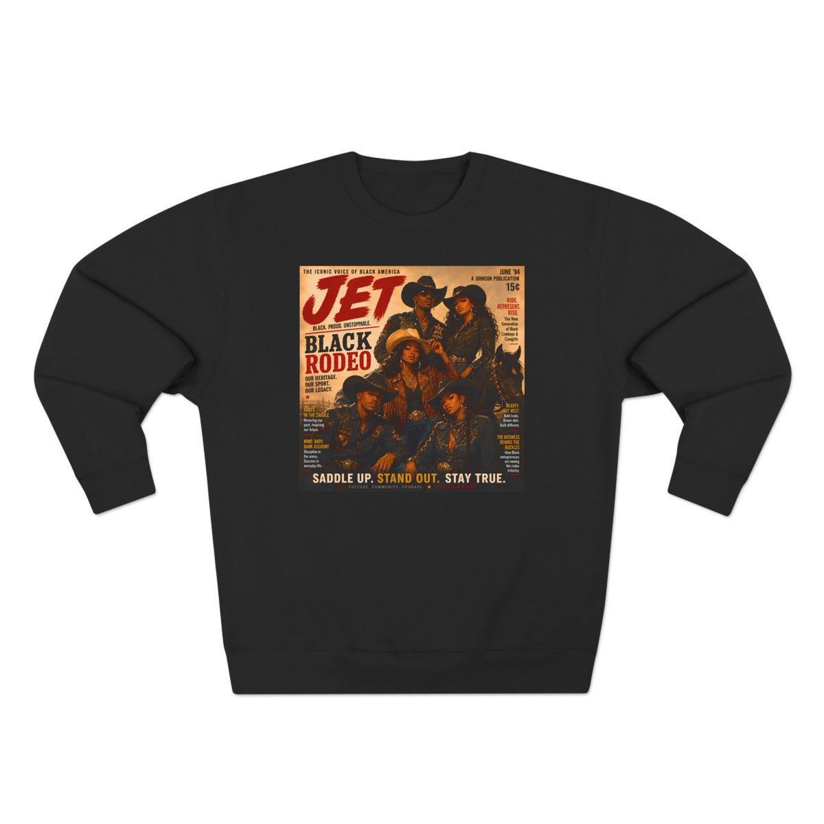 A black crewneck sweatshirt featuring a vintage-style graphic print of a 'Jet Black Rodeo' poster on the front, displayed against a solid white background.