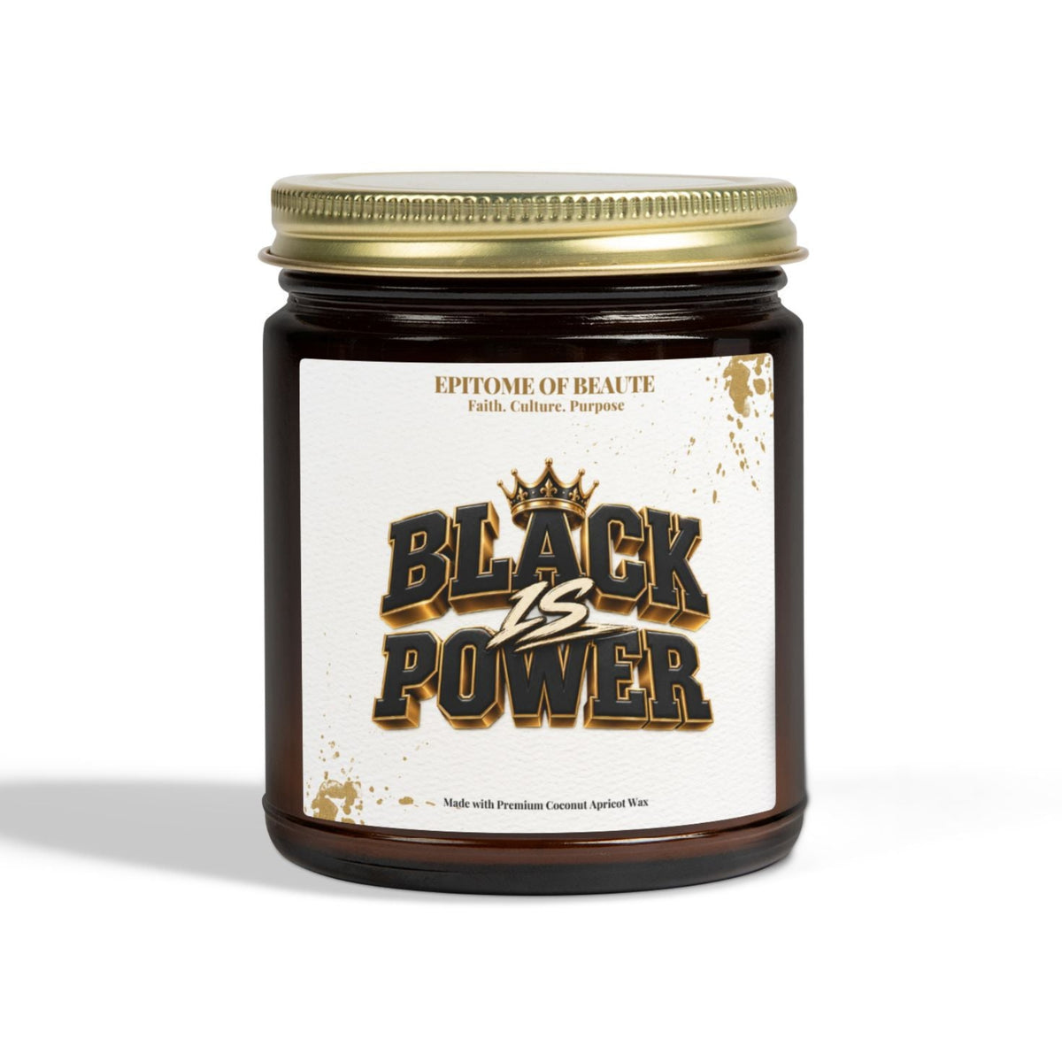 A dark amber glass jar with a gold metal screw-on lid and a white label reading 'BLACK POWER' in large black and gold lettering, photographed on a clean white background.