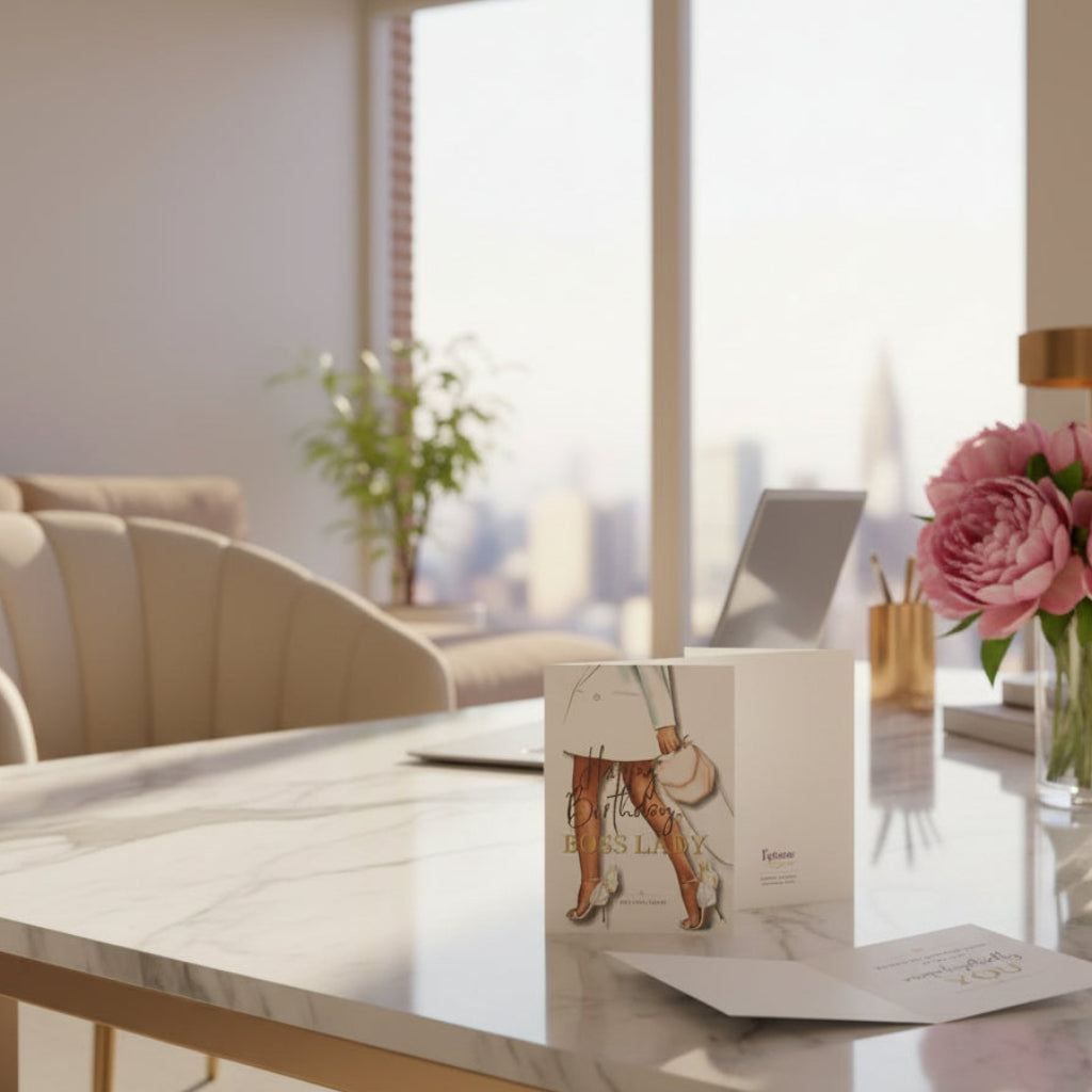 A birthday greeting card set displayed on a wooden windowsill. The set includes a front cover card with an illustration of a woman in brown trousers and heels, a folded backing card, and an open card showing gold foil text.