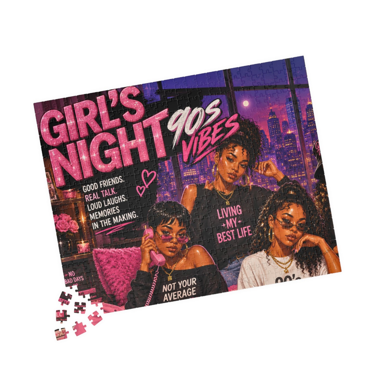 Girls Night 90s Vibes Jigsaw Puzzle – Retro Cityscapes, Friendship Quotes Puzzle (520/1014 pcs)