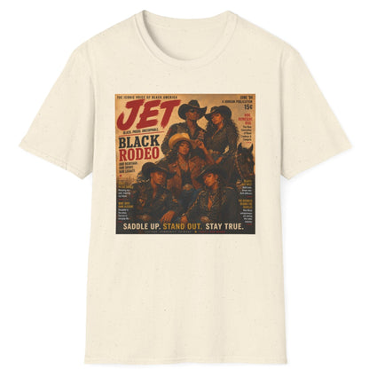An off-white crewneck t-shirt featuring a vintage-style graphic print of a 'Jet Black Rodeo' magazine cover with cowboys on the front, displayed against a solid white background.