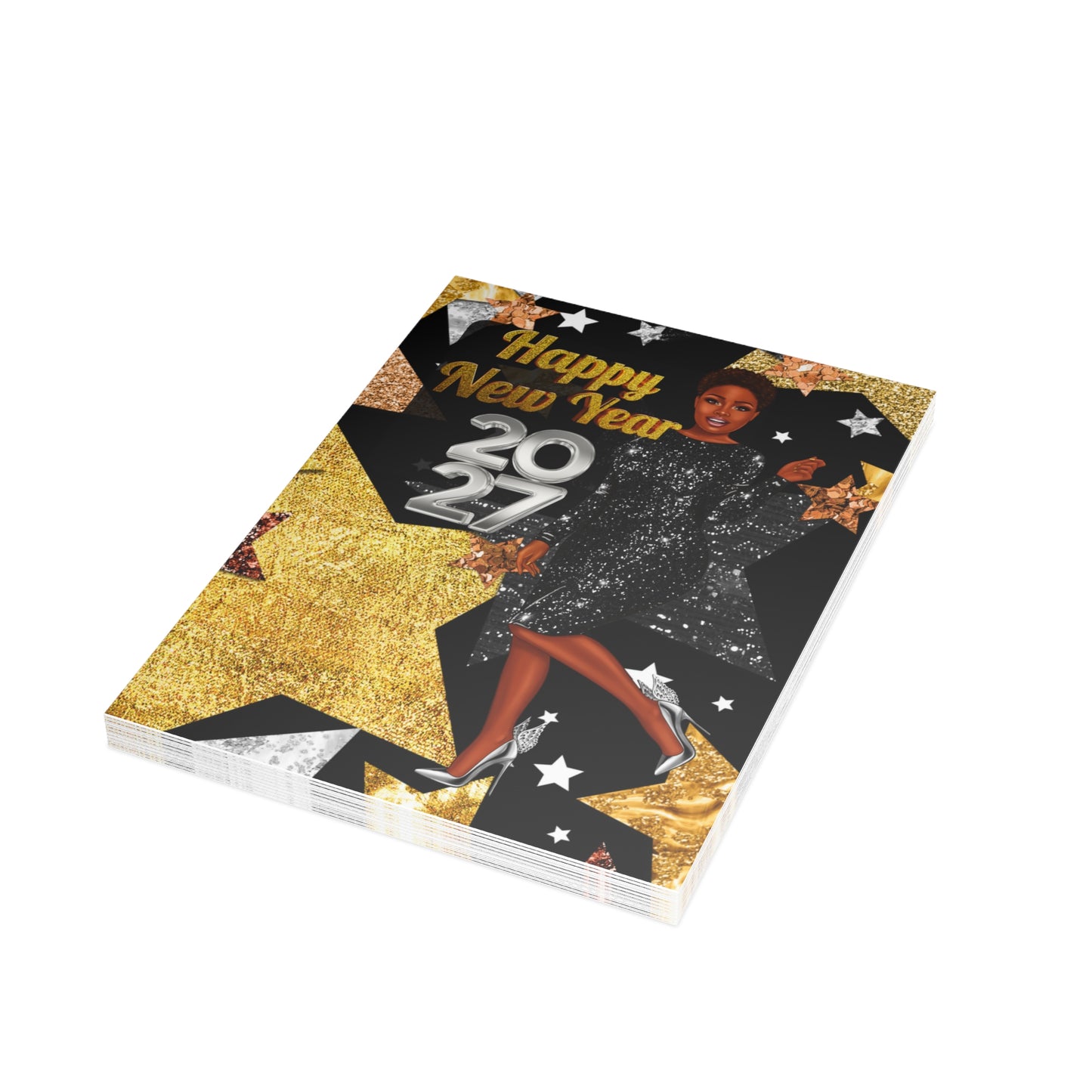 New Year 2027 Greeting Card – Glam Black & Gold Party Celebration Card