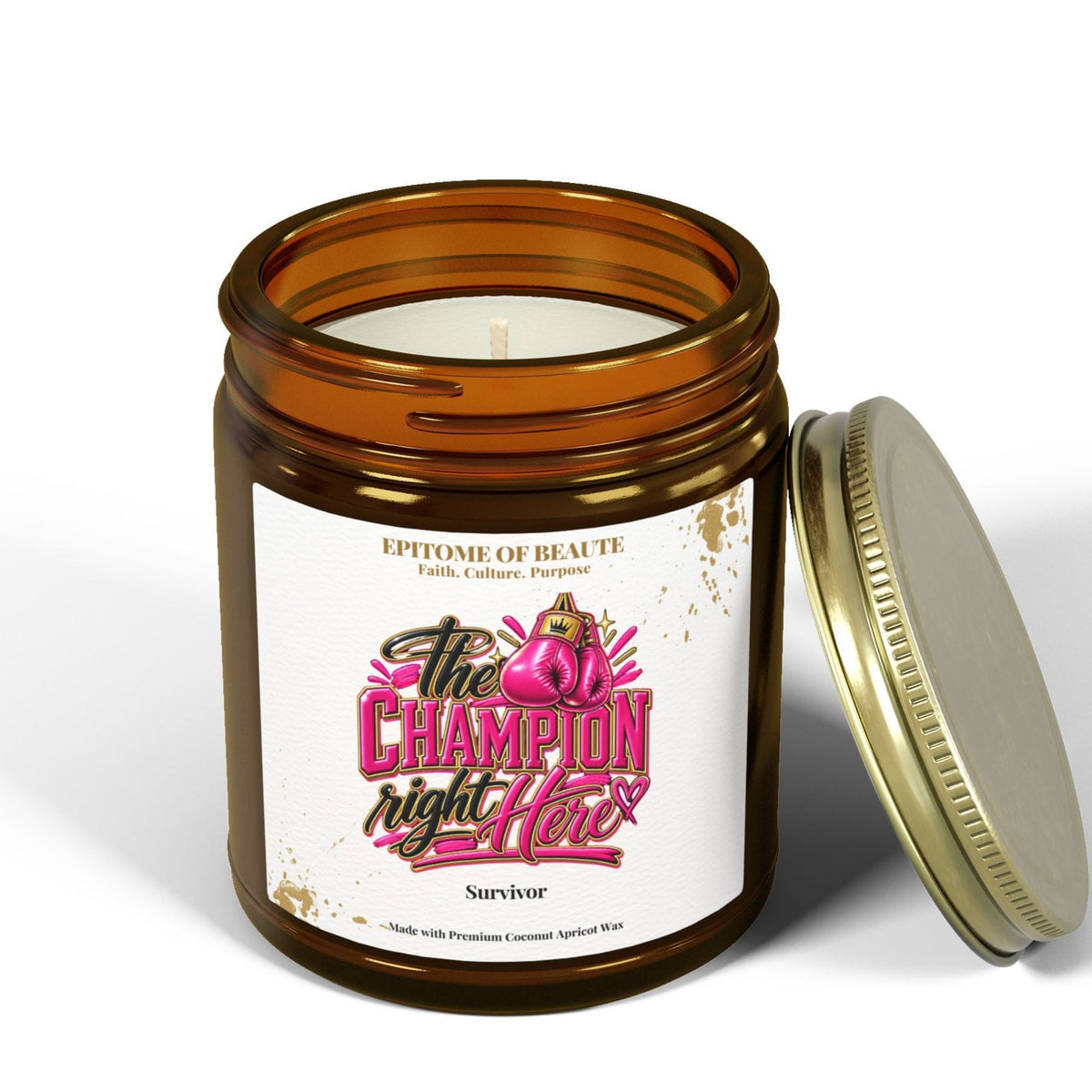An amber glass jar candle with its gold metal lid resting beside it on a clean white background. The front label features the brand name 'Euphoric of Beaute' and the scent/product title 'The Champion Night How' in stylized pink and black lettering with a small graphic of a woman's face.