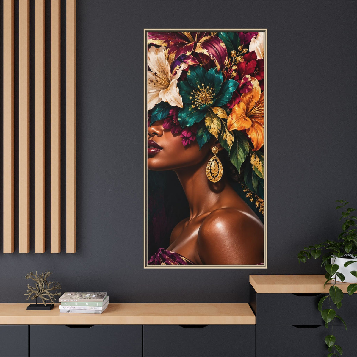 Floral Goddess Canvas | Framed Jewel-Tone Portrait Art, Framed (Multi-color)