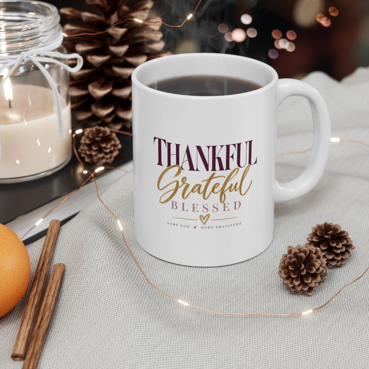 Thankful Grateful Blessed Ceramic Mug – 11oz  Thanksgiving Coffee Cup