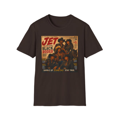 A dark brown short-sleeve crewneck t-shirt featuring a vintage-style 'Jet Black Rodeo' graphic print on the chest, displayed against a solid white background.
