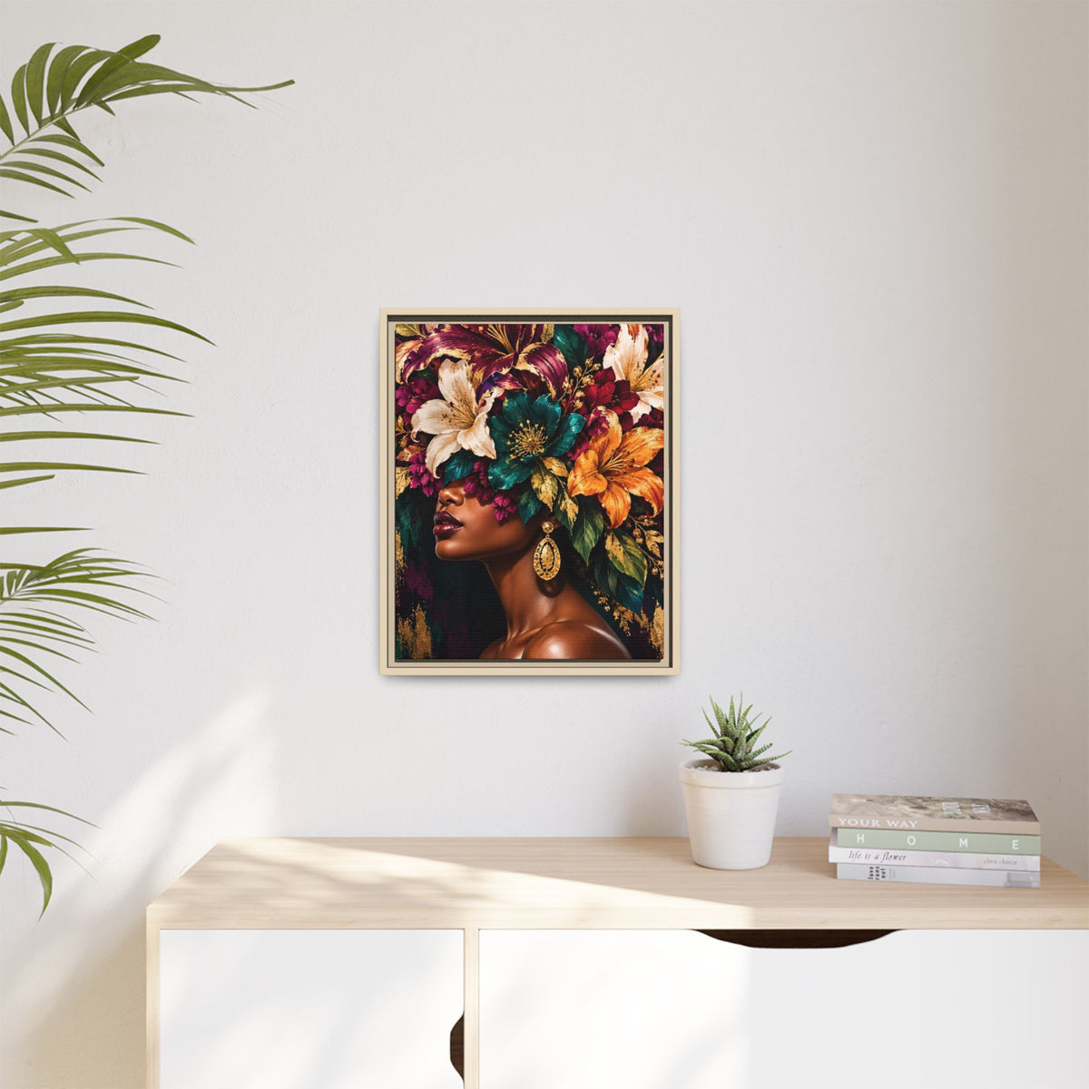 Floral Goddess Canvas | Framed Jewel-Tone Portrait Art, Framed (Multi-color)