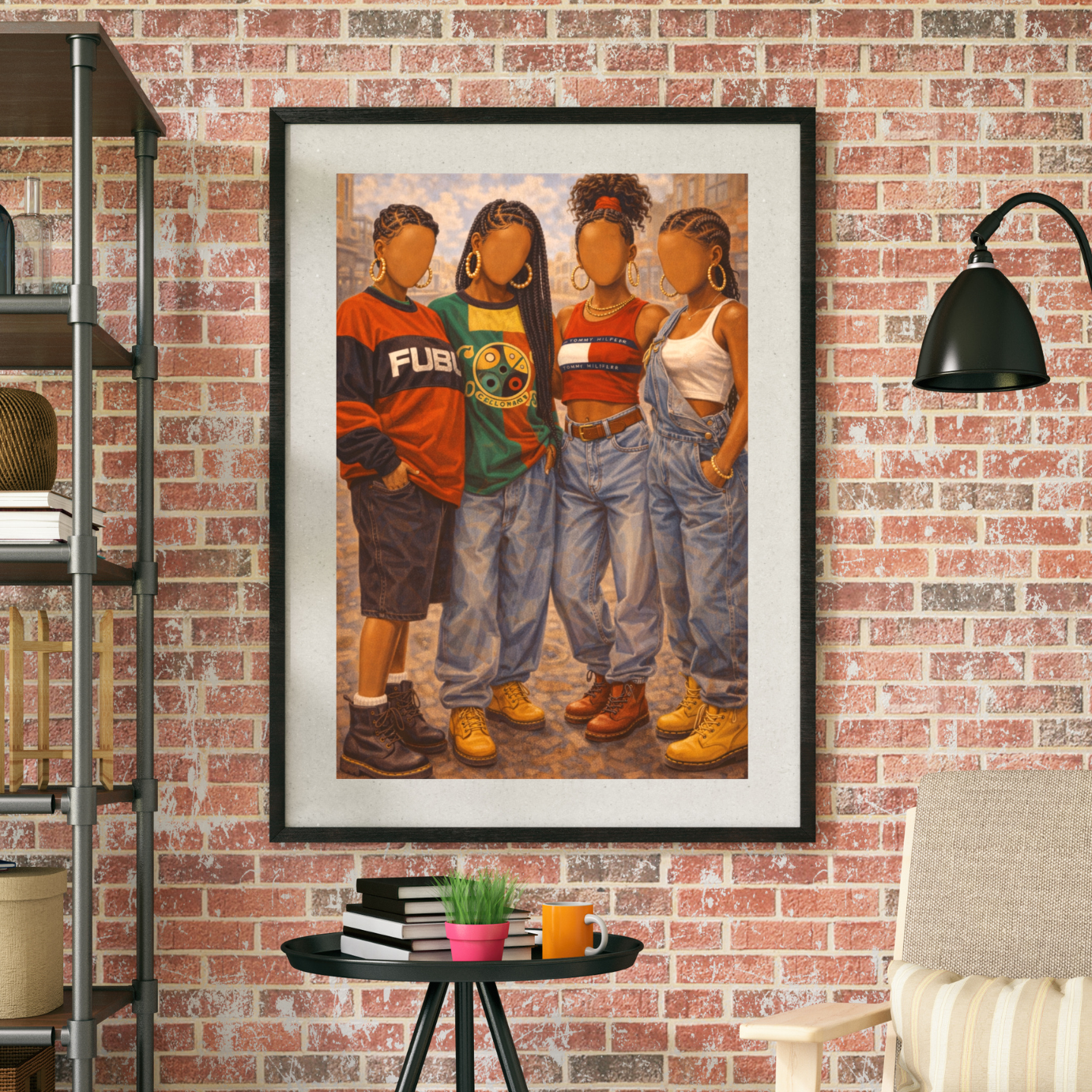 A framed art print depicting four children in colorful clothing, displayed on a brick wall in a styled living room setting with a chair, ottoman, and shelving unit.