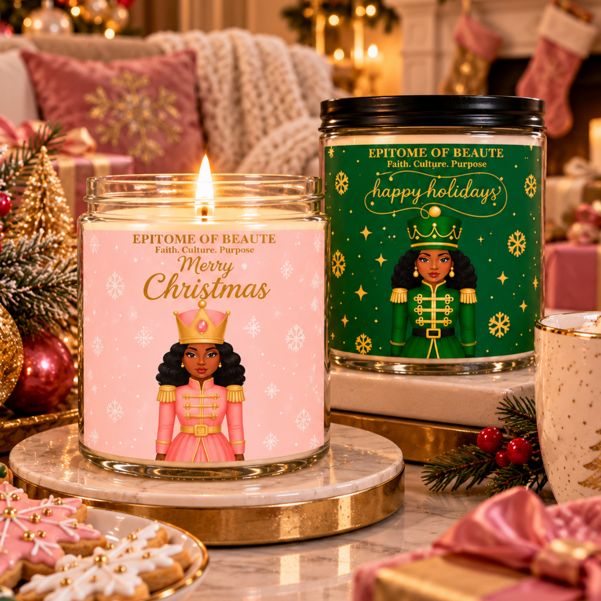 Two Epitome of Beaute 'Faith Christian Purpose' 9oz holiday candles displayed on a marble table in a cozy, decorated living room. The left candle is a clear glass jar with a pink wax and a pink label featuring a nutcracker illustration and 'Merry Christmas' text.